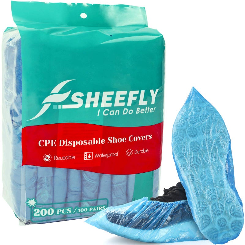 SHEEFLY 200 Pack Disposable Boot CPE Shoe Covers,Waterproof Non-Slip Shoe Booties, Durable Recyclable Shoe Protector,Thick Shoe Cover for Indoor Carpet Floor Usage Medical Museum Workplace - Image 1
